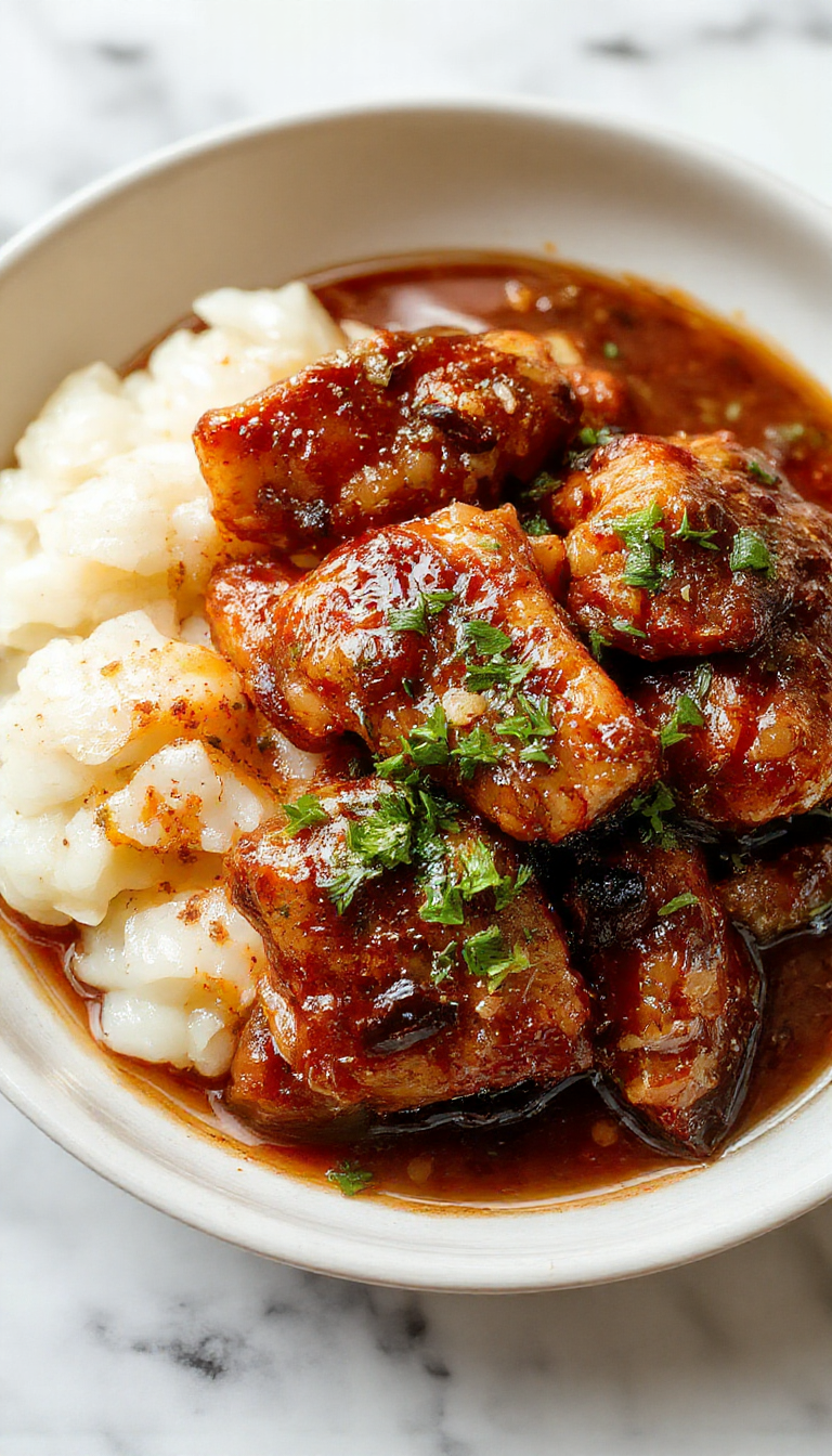 A vibrant plate showcases caramelized soy chicken glazed with shiny sauce, surrounded by fragrant garlic and ginger broth, served over steaming rice with garnishes of green onions and sesame seeds, styled on a rustic wooden table with a soft focus background.