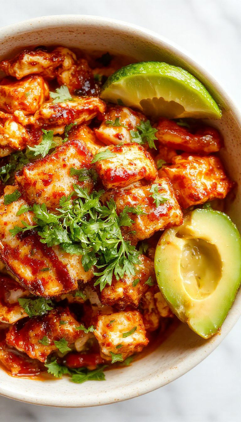 Colorful chicken burrito bowl featuring diced golden-brown chicken, vibrant red and green bell peppers, fresh cilantro, fluffy white rice, and creamy avocado slices neatly arranged on a white ceramic plate, garnished with lime wedges and a sprinkle of shredded cheese, styled with a rustic wooden table background highlighting fresh ingredients and textures