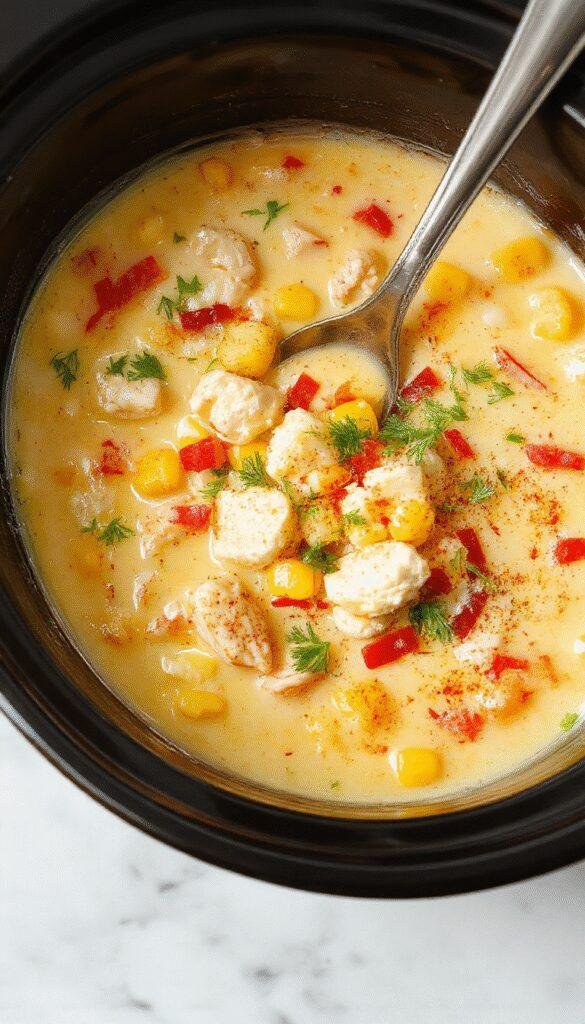 A vibrant bowl of creamy chicken corn chowder garnished with fresh herbs, with tender chicken pieces, sweet corn kernels, and a rich, thick broth presented on a rustic wooden table.