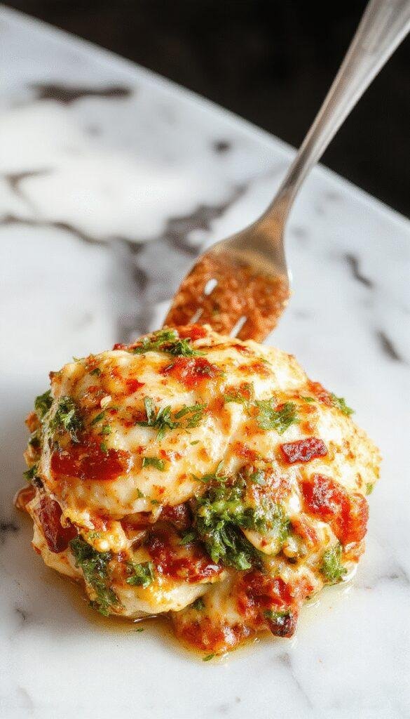 A bowl of Savory Florentine Chicken featuring tender chicken breasts topped with spinach, cheese, and herbs, served alongside fresh vegetables.
