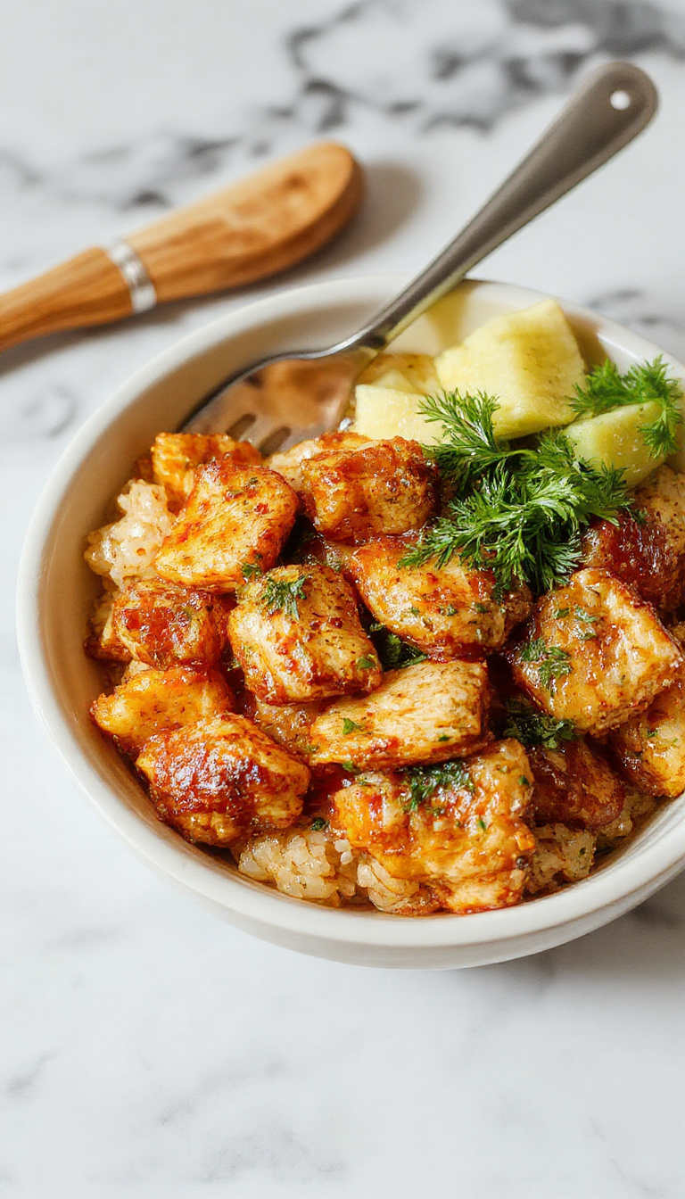 A colorful bowl of Savory Golden Chicken & Rice, topped with fresh herbs, sliced chicken, and a sprinkle of green onions on a ceramic plate.