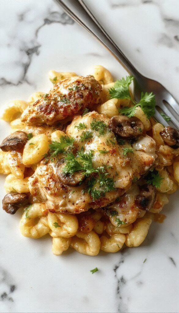 A vibrant plate of Marsala chicken orzo featuring tender chicken pieces coated in rich Marsala wine sauce, nestled on a bed of perfectly cooked orzo pasta. The dish is garnished with fresh green herbs and thin slices of sautéed mushrooms, topped with a drizzle of sauce that adds a glossy sheen. The colorful presentation includes a rustic bowl on a light wooden table, styled with sprigs of herbs and a lemon wedge for added freshness.