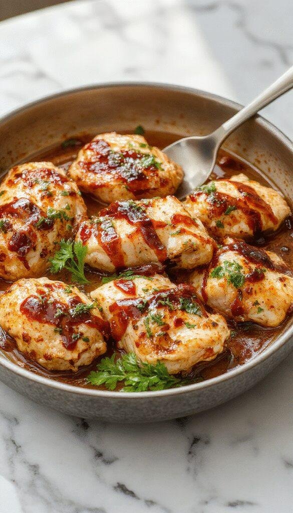 Colorful baked chicken thighs glazed with glossy balsamic reduction, garnished with fresh herbs, served on a rustic white plate with caramelized vegetables around, highlighting tender texture and shiny finish, styled with a sprig of rosemary and cherry tomatoes.