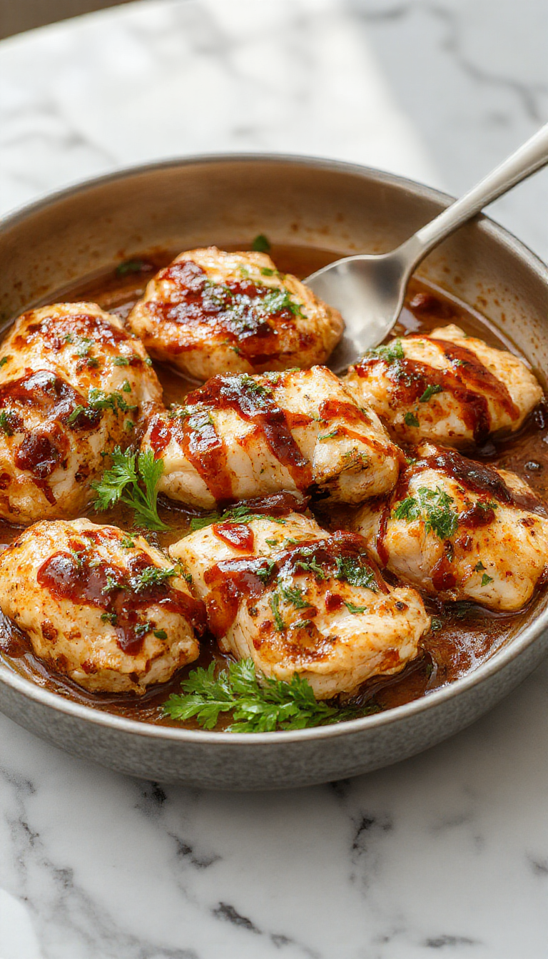 Colorful baked chicken thighs glazed with glossy balsamic reduction, garnished with fresh herbs, served on a rustic white plate with caramelized vegetables around, highlighting tender texture and shiny finish, styled with a sprig of rosemary and cherry tomatoes.