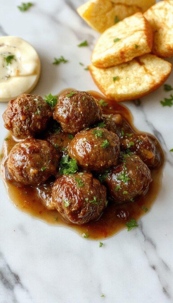 A vibrant plate featuring tender Salisbury steak meatballs glazed with savory gravy, garnished with fresh herbs and served alongside mashed potatoes, displayed on a rustic wooden table.