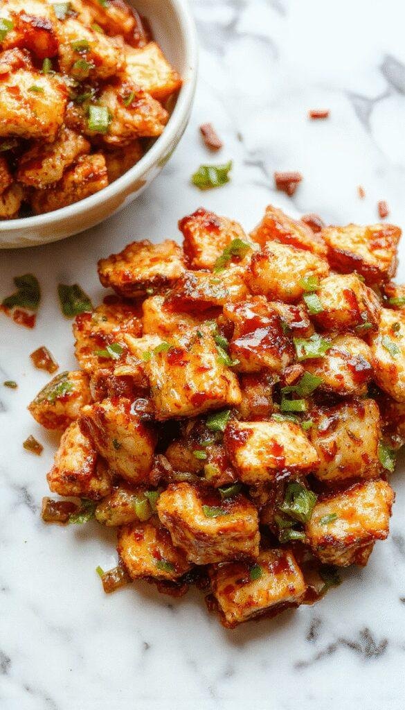 Colorful stir fry featuring golden-brown chicken pieces glazed with glossy teriyaki sauce, vibrant bell peppers, broccoli florets, and caramelized onion slices arranged on a white plate with a sprinkle of sesame seeds, set against a rustic wooden table with chopsticks and a small bowl of soy sauce.