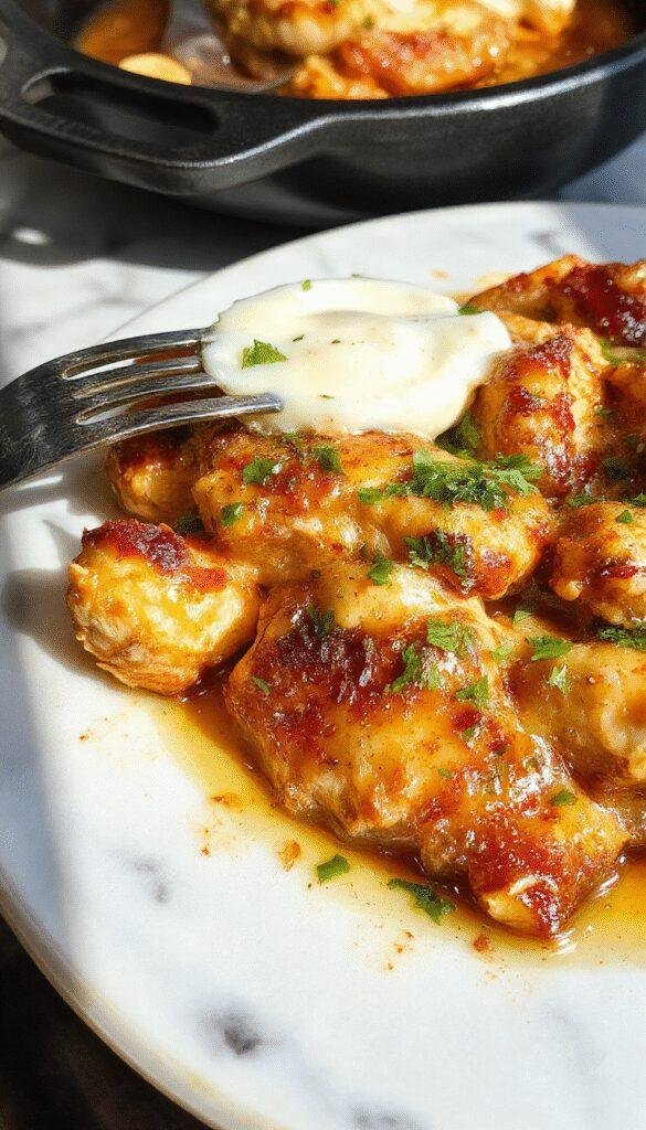 A vibrant, steaming skillet filled with golden-brown butter chicken pieces topped with fresh herbs, served alongside a colorful array of steamed vegetables, with a rustic wooden background highlighting the rich textures and appetizing presentation.