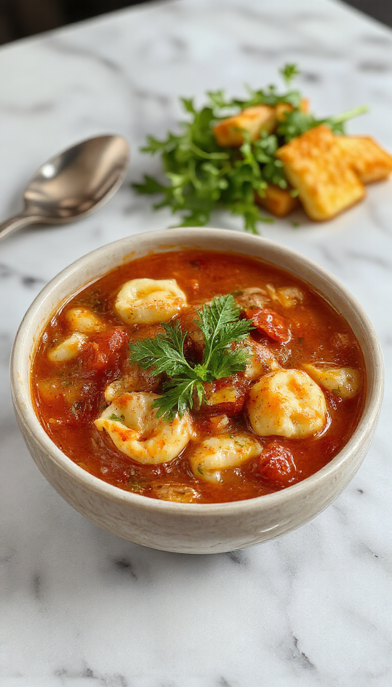 A vibrant bowl of tomato tortellini soup featuring plump tortellini and chunks of ripe tomatoes in a rich red broth, garnished with fresh basil leaves. The bowl is white, placed on a rustic wooden table with a spoon resting beside it, highlighting the creamy textures and vibrant colors of the soup.