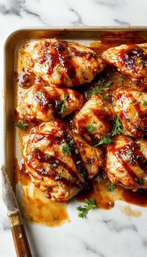 Succulent sheet pan balsamic chicken with roasted vegetables on a white platter