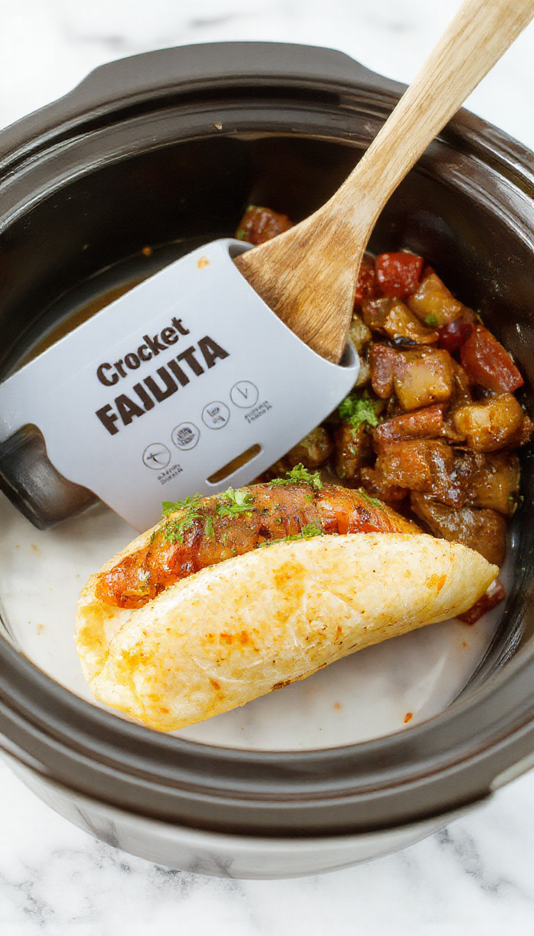 Colorful crockpot fajitas with vibrant red and green bell peppers, tender sliced chicken in a rustic ceramic slow cooker, topped with melted cheese and fresh cilantro, served alongside warm tortillas, styled with a casual rustic theme emphasizing the rich textures and savory aromas.