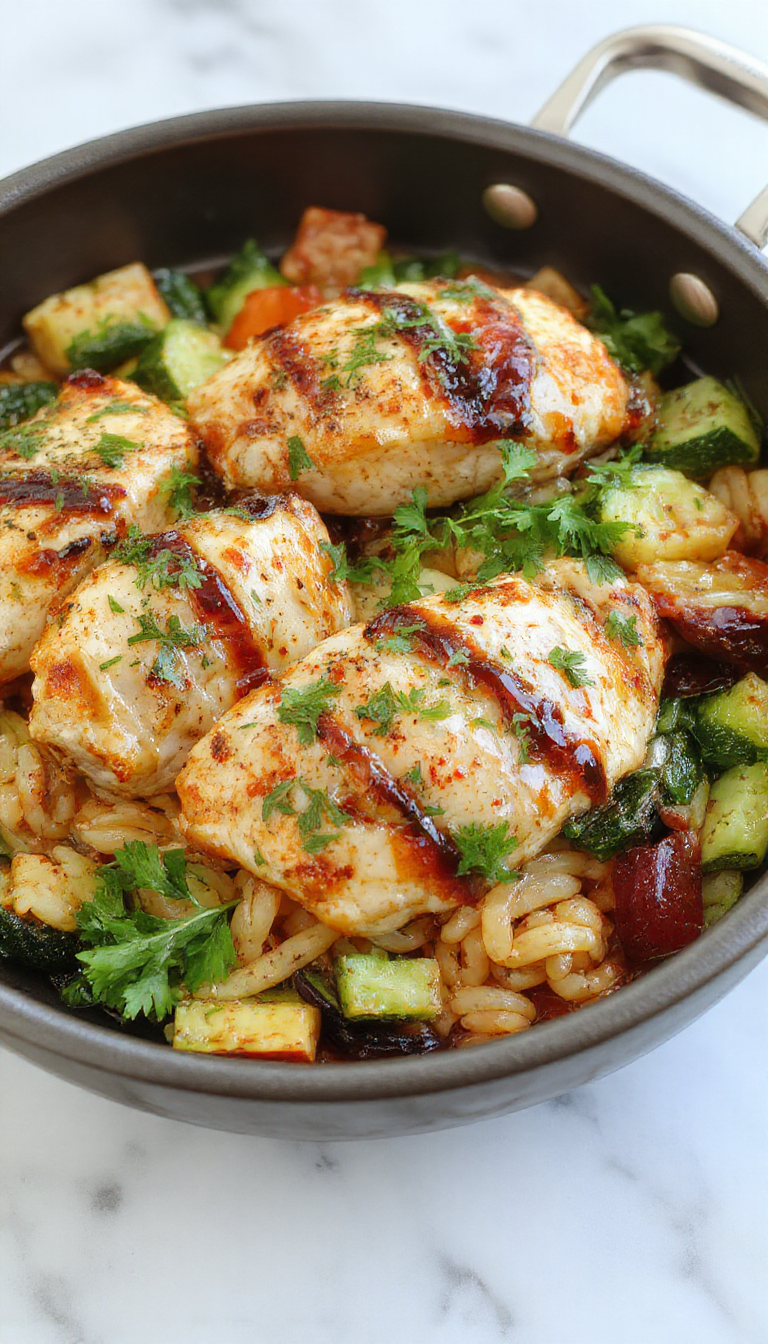 A colorful plate featuring tender pieces of balsamic-glazed chicken atop fluffy orzo pasta with bright roasted vegetables like cherry tomatoes, zucchini, and spinach. The dish is garnished with fresh herbs and drizzled with balsamic glaze, served on a rustic wooden table with a side of cutlery.