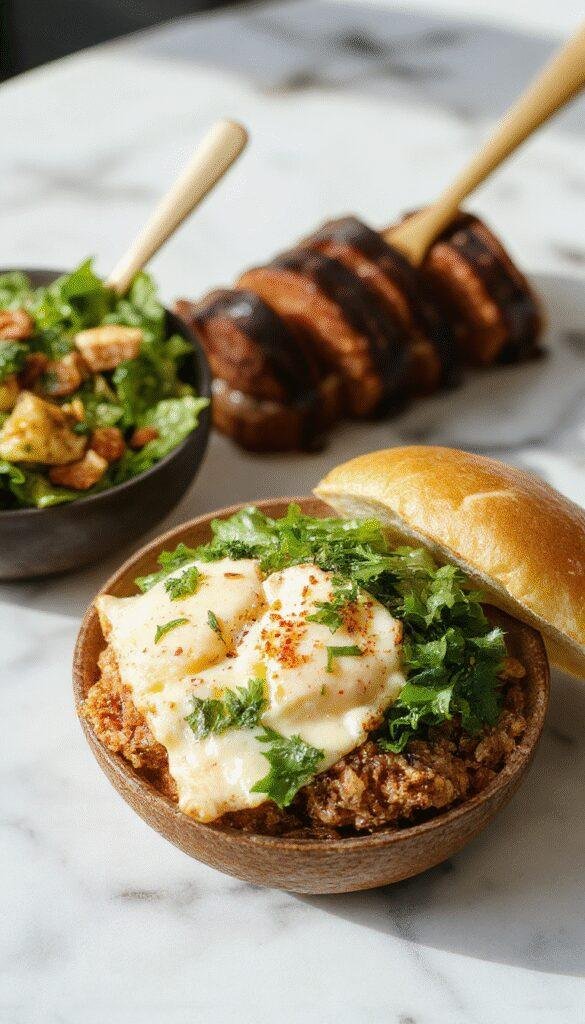 Colorful burger bowls featuring mixed greens, juicy beef patties, chopped tomatoes, shredded cheese, and crispy bacon arranged in a stylish bowl with a vibrant, inviting presentation.