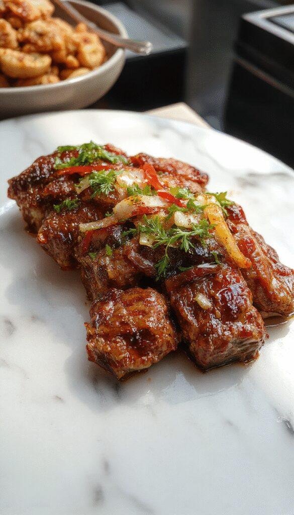 Vibrant sizzling Chinese Pepper Steak with onions on a hot plate, glistening with savory sauce, topped with chopped scallions and cracked black pepper, served alongside steamed rice on a rustic wooden table