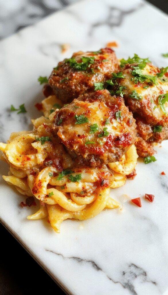 A sizzling skillet of cheeseburger orzo garnished with fresh herbs, showcasing a hearty, cheesy one-pot dish with minced meat and pasta.