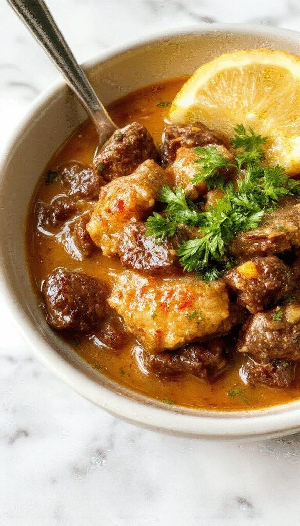 A vibrant bowl of beef coconut curry with tender beef chunks, rich coconut sauce, garnished with fresh cilantro, served alongside steaming rice on a rustic wooden table