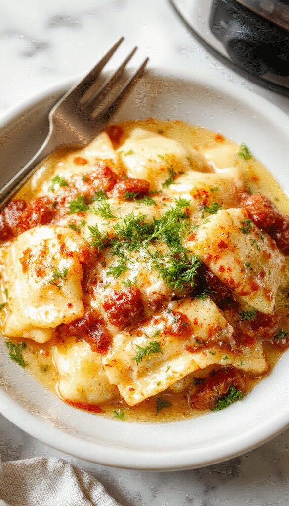 A delicious slow cooker cheesy ravioli bake in a casserole dish, topped with melted cheese and fresh herbs, ready to serve.