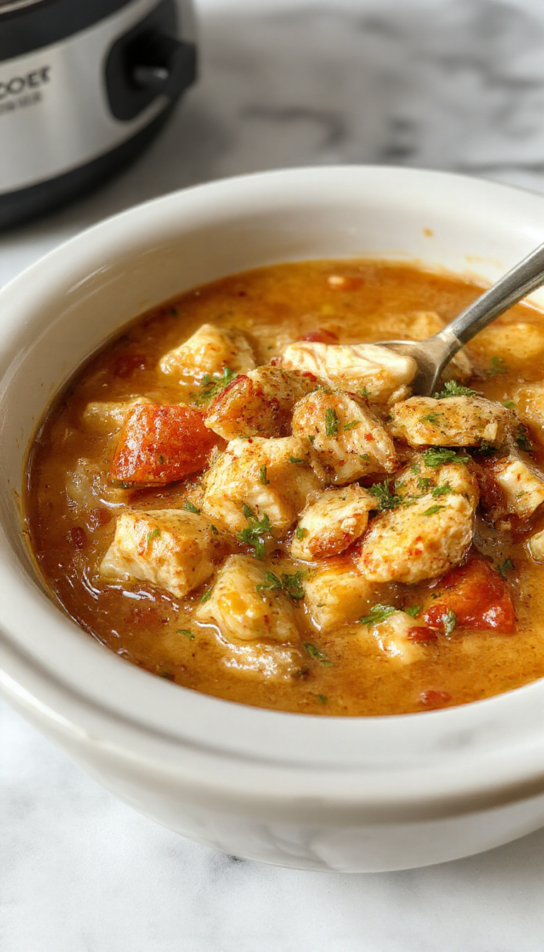 A hearty chicken stew in a rustic white bowl featuring tender shredded chicken, vibrant carrots, celery, and potatoes immersed in a rich, savory broth, garnished with fresh herbs and served on a wooden table with warm lighting.