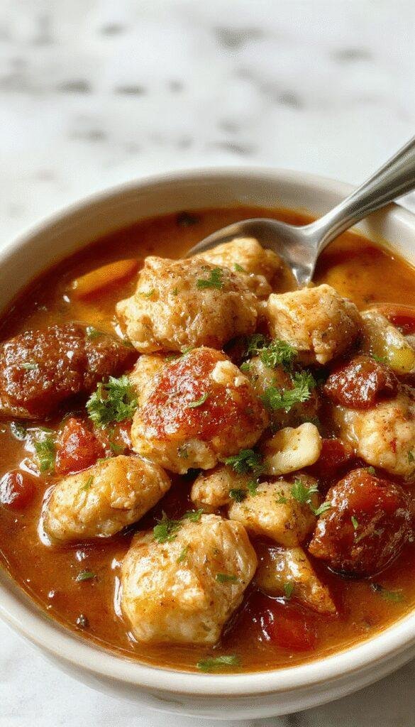 A warm, comforting chicken stew in a rustic white bowl, garnished with fresh herbs, surrounded by chunks of tender chicken, vegetables, and spices, with steam rising and a cozy kitchen background.