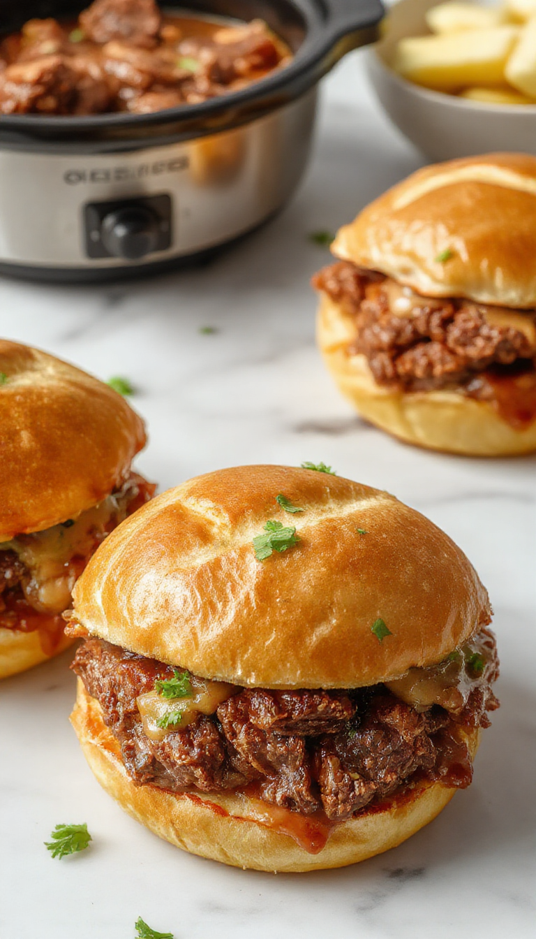 A close-up of a steaming crockpot French Dip Sandwich on a rustic wooden table, featuring crusty baguette slices filled with tender, shredded roast beef, topped with melted cheese, and served alongside a small bowl of rich au jus. Vibrant green herbs garnish the sandwich, with a background of fresh ingredients and warm, inviting lighting highlighting the savory textures and golden-brown bread.