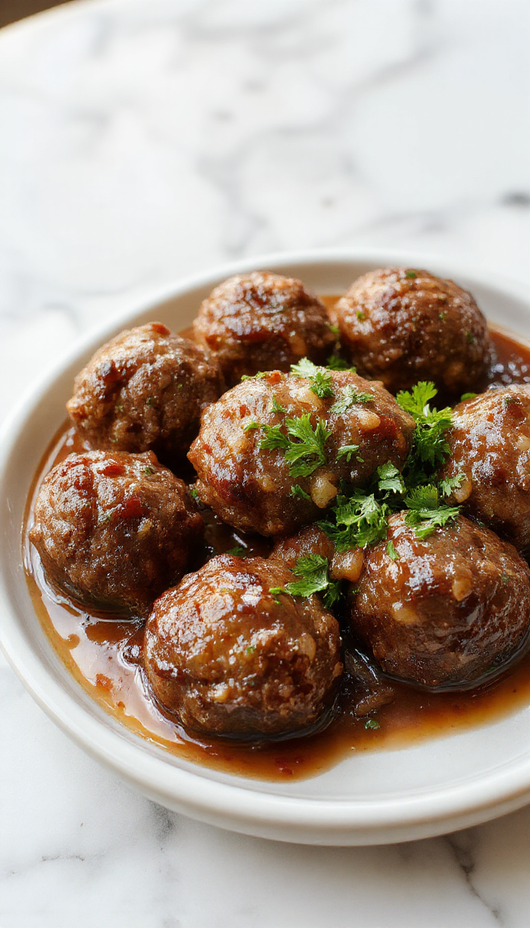 A plate of savory Salisbury Steak Meatballs served with mashed potatoes and green beans, garnished with fresh herbs on a rustic table.