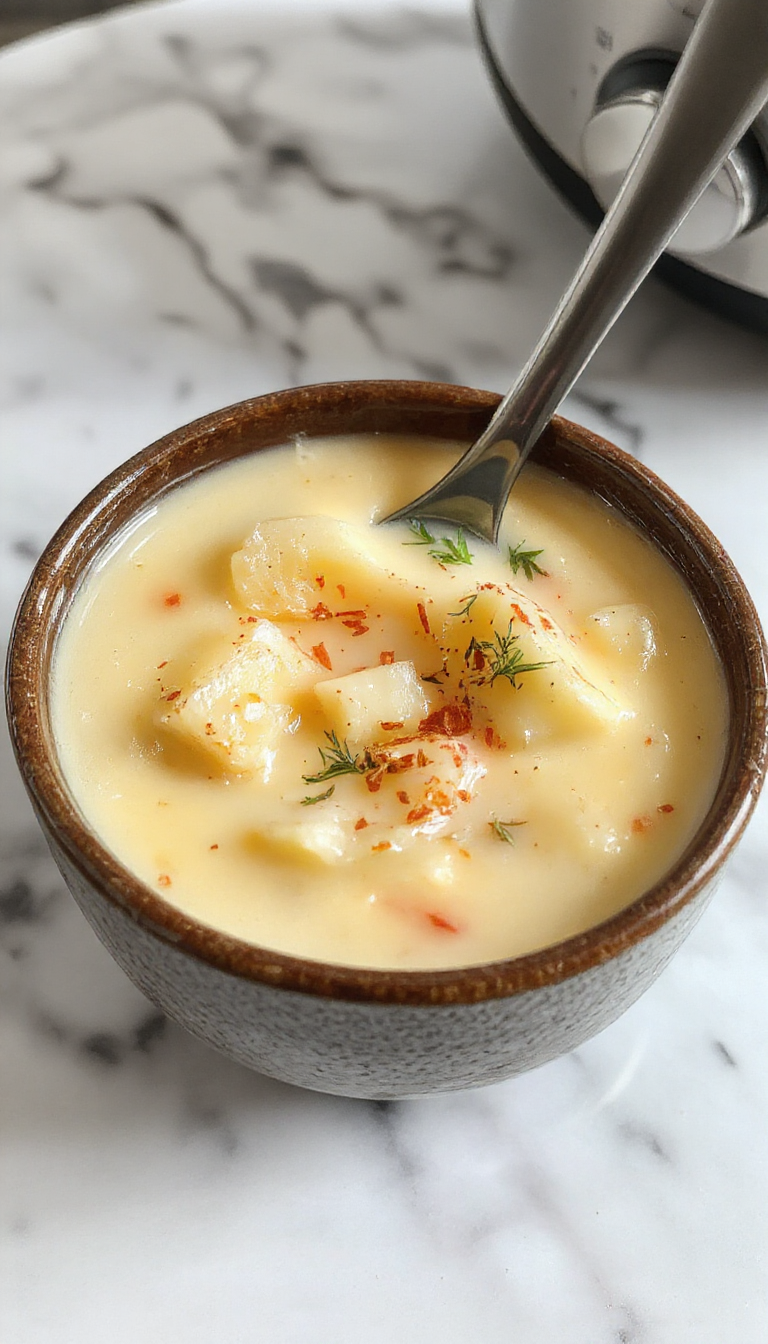 A warm bowl of creamy potato and cheese soup topped with melted cheese and fresh herbs, served alongside rustic bread on a cozy table.