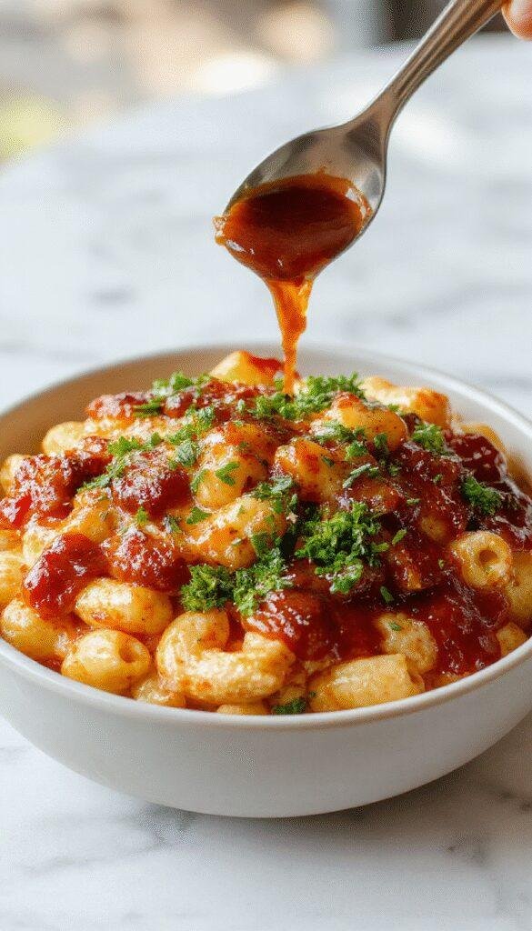 A bowl of creamy mac and cheese topped with smoky, tangy BBQ chicken pieces garnished with chopped herbs