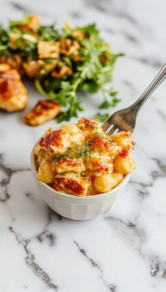 A baked dish of creamy macaroni and cheese topped with smoky and tangy grilled chicken pieces, garnished with chopped herbs.