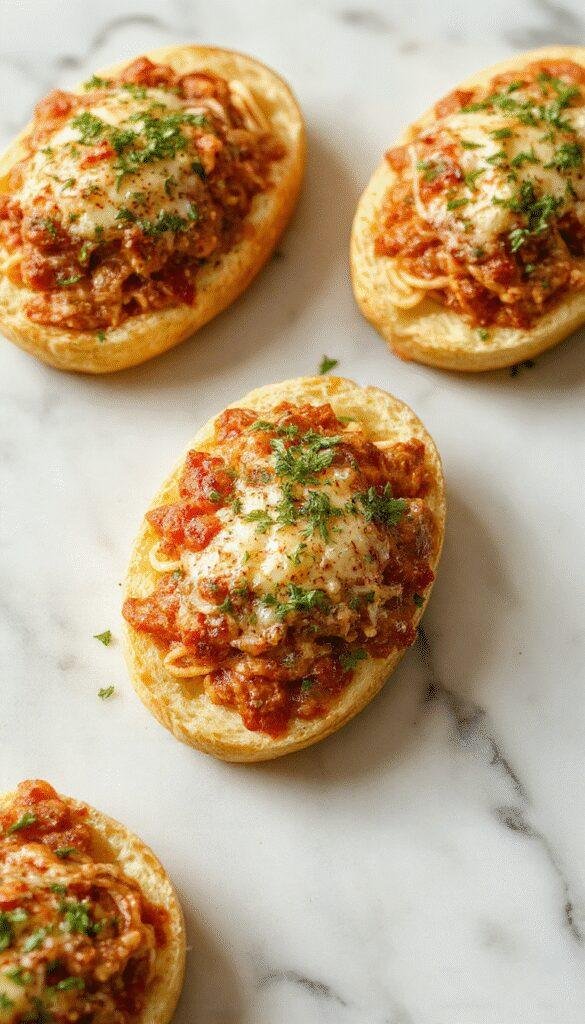 A plate of spaghetti served in boat-shaped pasta shells accompanied by warm garlic bread slices, garnished with fresh herbs.