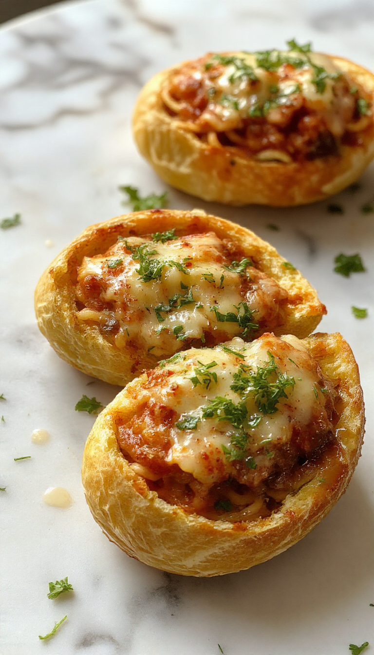 Golden garlic bread boats filled with spaghetti and melted cheese, garnished with fresh herbs, served on a rustic wooden table.