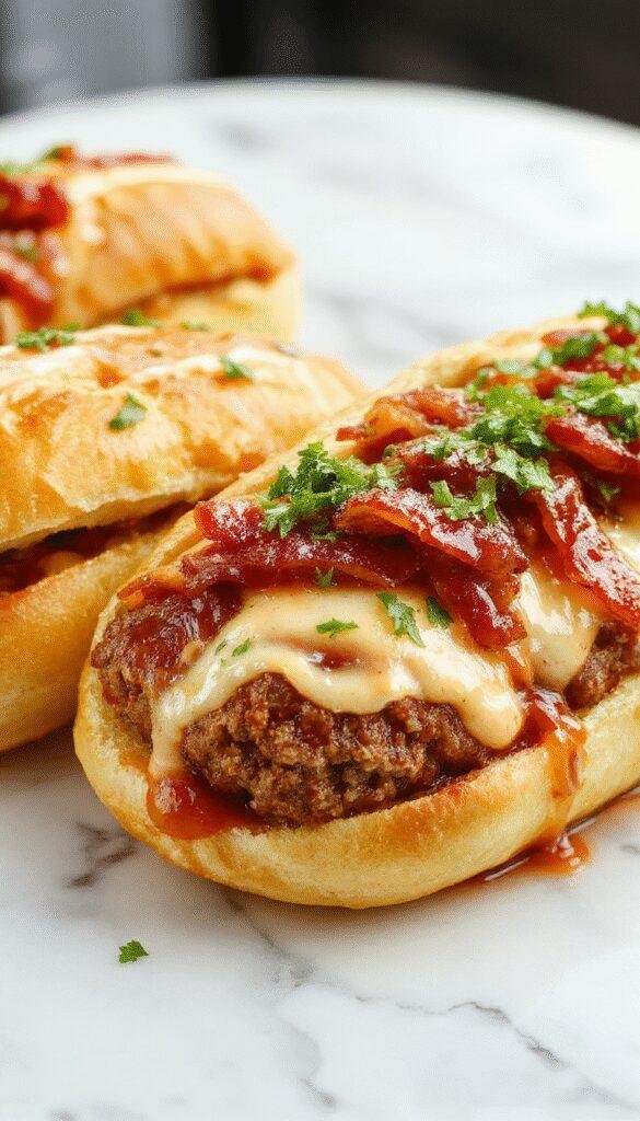 A plate of Speedy Bourbon BBQ Bacon Cheeseburger Meatball Subs with melted cheese, crispy bacon, and fresh toppings on a toasted bun