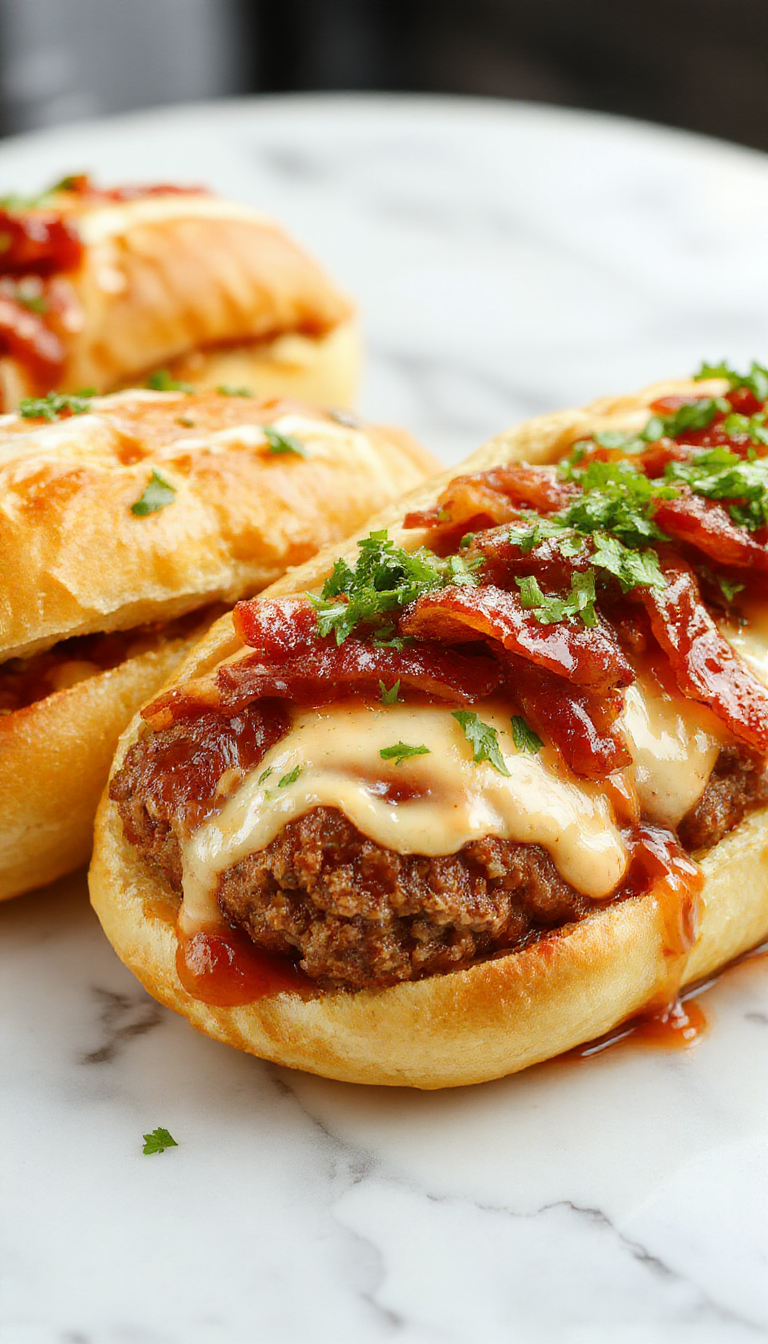 A plate of Speedy Bourbon BBQ Bacon Cheeseburger Meatball Subs with melted cheese, crispy bacon, and fresh toppings on a toasted bun