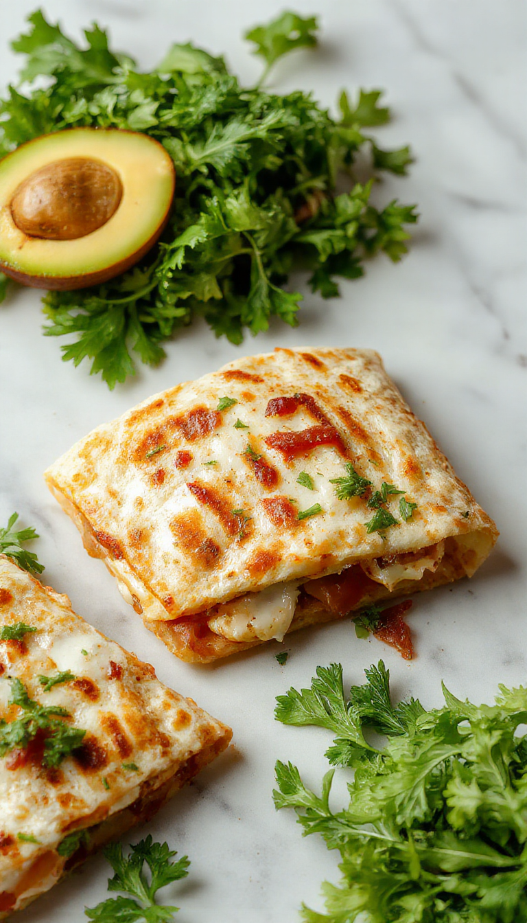 A plate of crispy chicken bacon ranch quesadillas sliced into wedges, garnished with fresh herbs and served with a side of salsa.