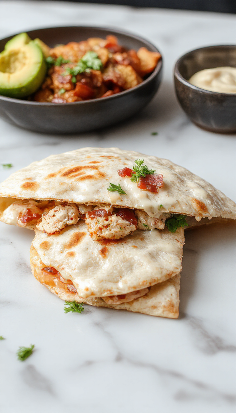 A crispy quesadilla filled with shredded chicken, crispy bacon, melted cheese, and fresh ranch dressing drizzled on top, served on a plate.