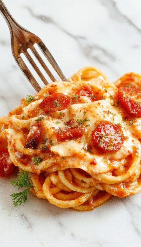 A vibrant plate of creamy tomato pasta garnished with basil and grated cheese, ready to serve as a quick and delicious dinner.
