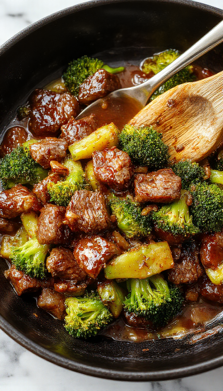 A delicious skillet dish featuring tender strips of beef and vibrant broccoli florets coated in a glossy honey garlic sauce, garnished with sesame seeds.