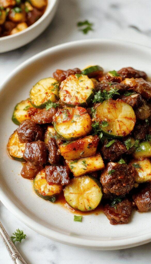 A vibrant plate of zucchini beef stir-fry featuring sliced zucchini and tender beef strips sautéed with colorful vegetables and herbs.