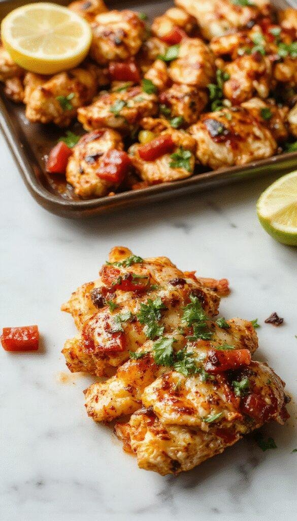 Colorful sheet pan chicken fajitas with sizzling bell peppers and melted cheese ready for serving.