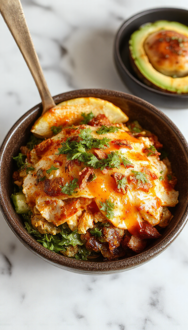 A vibrant taco rice bowl topped with fresh lettuce, tomatoes, cheese, and a drizzle of salsa, served in a rustic bowl.