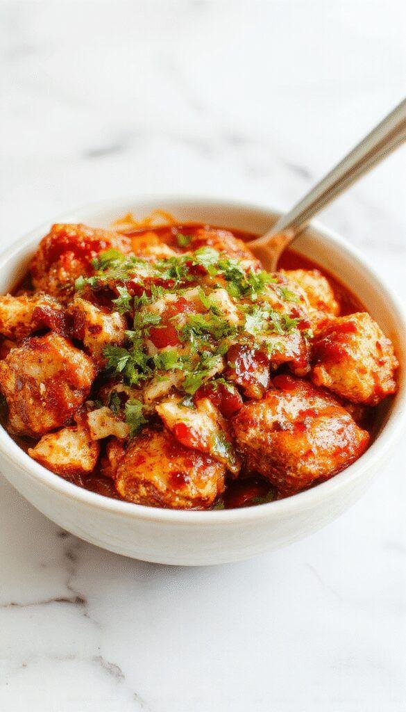 A vibrant food shot featuring a colorful chicken bowl with crispy fried chicken pieces coated in a spicy orange sauce, topped with chopped green onions and sesame seeds. The bowl is set on a rustic wooden table with fresh ingredients like sliced cucumbers and carrots in the background, highlighting the textures and flavors of the dish.
