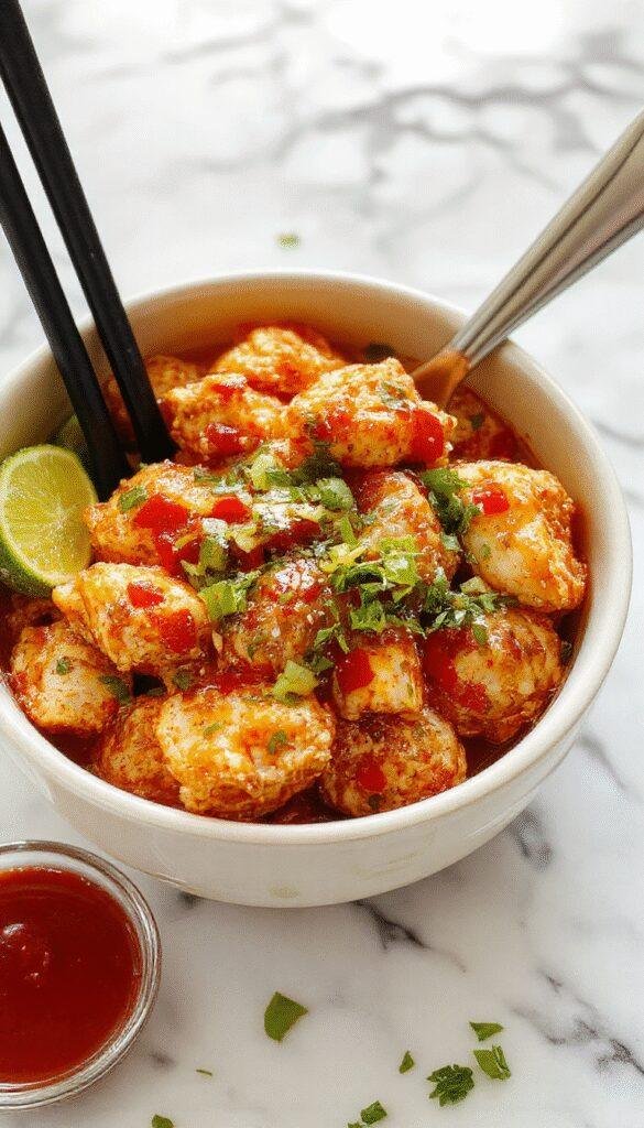 Colorful Bang Bang Chicken Bowl featuring crispy chicken pieces coated in a creamy spicy sauce, garnished with green scallions, sesame seeds, and vibrant vegetables arranged beautifully on a white plate highlighting textures and fresh ingredients.