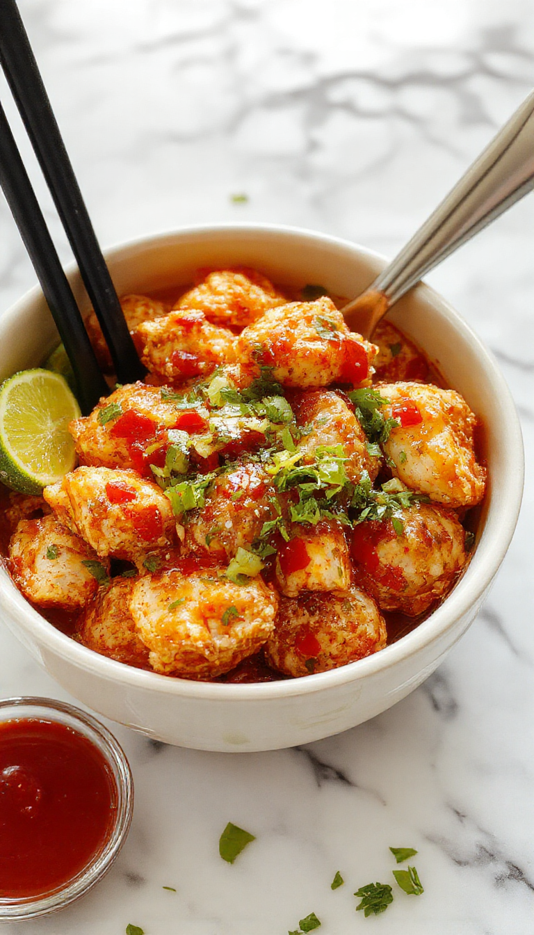 Colorful Bang Bang Chicken Bowl featuring crispy chicken pieces coated in a creamy spicy sauce, garnished with green scallions, sesame seeds, and vibrant vegetables arranged beautifully on a white plate highlighting textures and fresh ingredients.