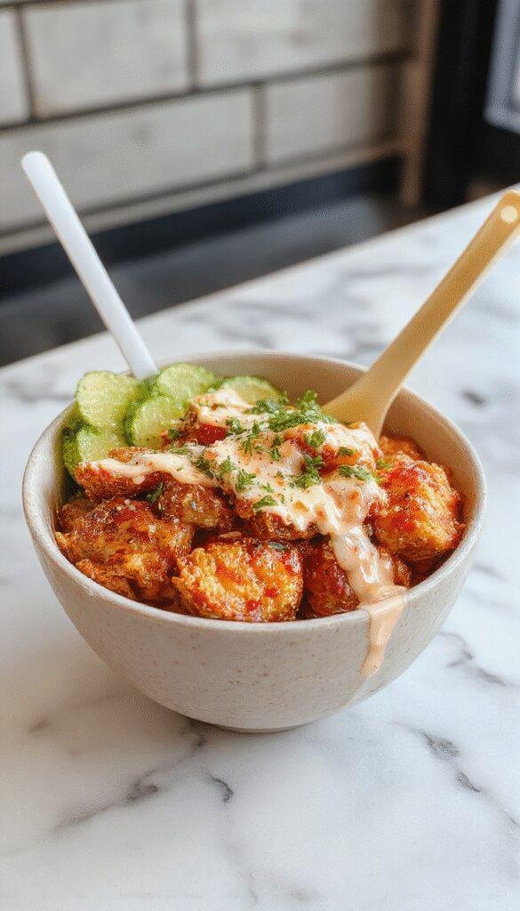 A vibrant chicken bowl featuring crispy fried chicken pieces drizzled with a glossy spicy sauce, garnished with chopped green onions and sesame seeds, served on a colorful ceramic plate with fresh vegetables and a side of rice.