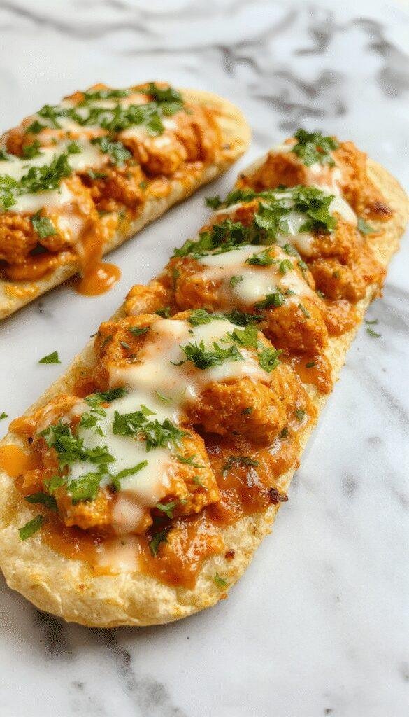 A vibrant flatbread topped with shredded buffalo chicken, melted cheese, and drizzle of spicy buffalo sauce. The golden crispy crust contrasts with bright orange sauce and tender chicken, garnished with green cilantro and red pepper flakes on a rustic wooden platter.