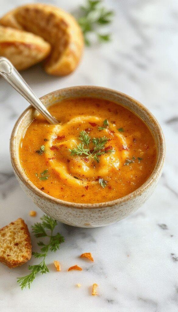 A vibrant bowl of spicy butternut squash and sweet potato soup topped with fresh cilantro and a swirl of coconut cream, served on a rustic wooden table with colorful vegetables and warm lighting highlighting the rich orange hues and creamy texture of the soup.
