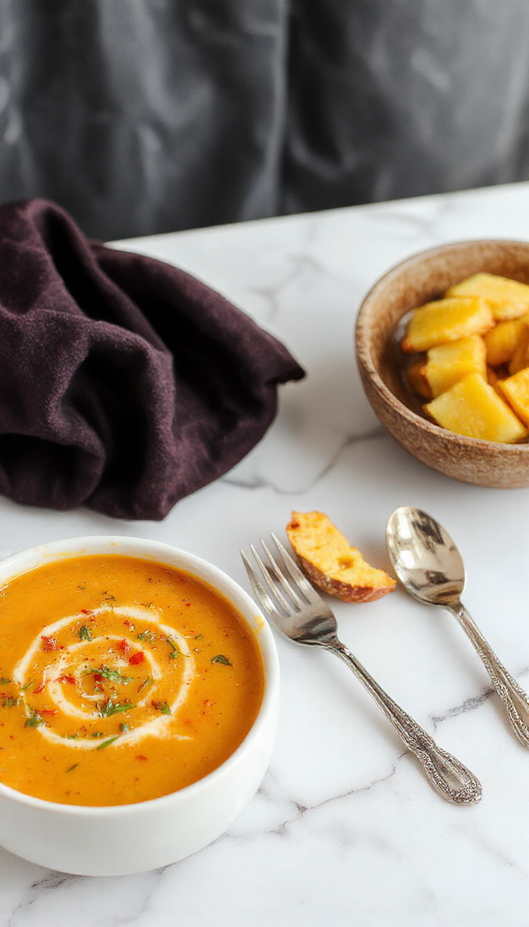A vibrant bowl of spicy butternut squash and sweet potato soup with a rich orange color, topped with a swirl of cream and fresh herbs, served on a rustic wooden platter with slices of toasted bread on the side, steam gently rising, evoking warmth and comfort.