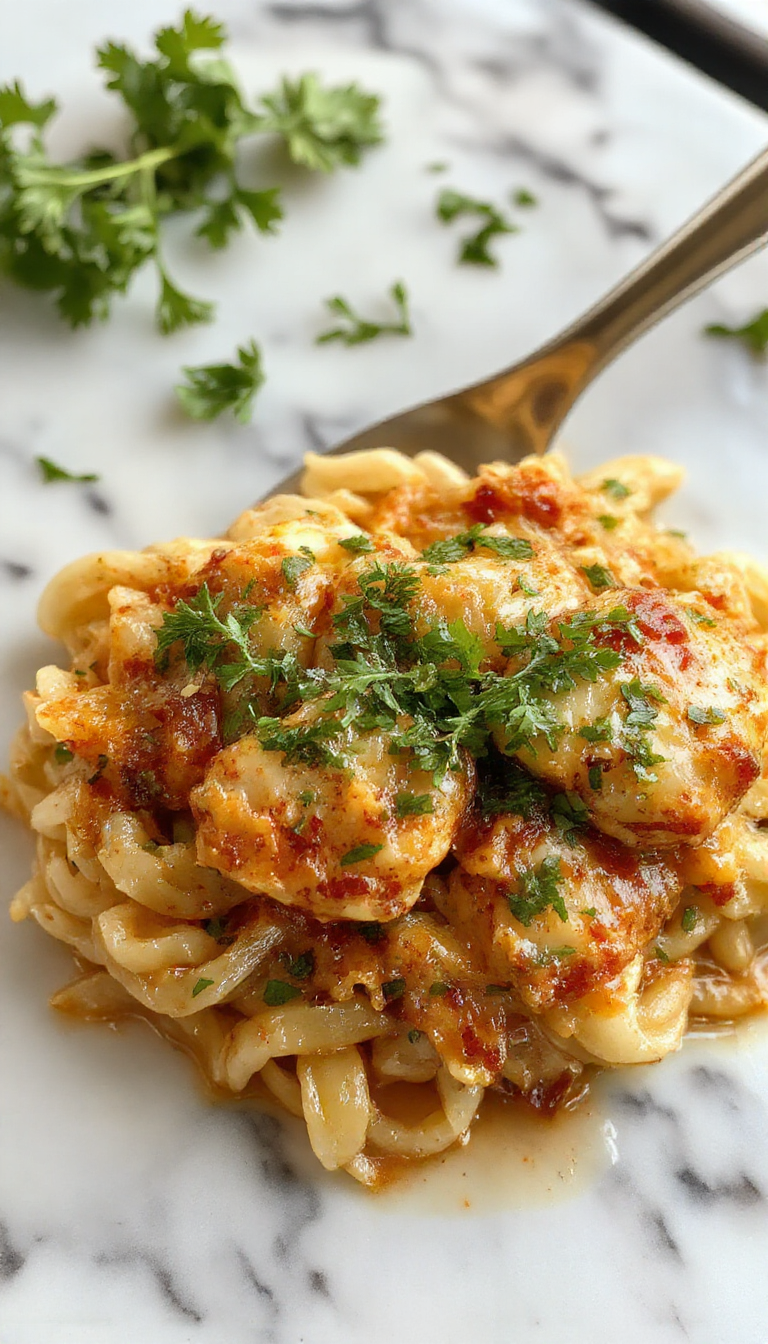 A vibrant plate of Cajun chicken and tender orzo pasta garnished with fresh green herbs, showcasing the bold red and golden-brown tones of seasoned chicken, with a creamy sauce and colorful bell peppers around for contrast, styled on a rustic wooden table.