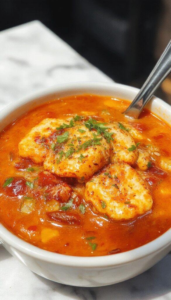 A vibrant bowl of chile relleno soup featuring bold red and green chili peppers, melted cheese, and garnished with fresh cilantro. The soup is presented in a rustic white bowl on a wooden table with colorful peppers and cheese crumbles around, showcasing its rich textures and spicy appeal.