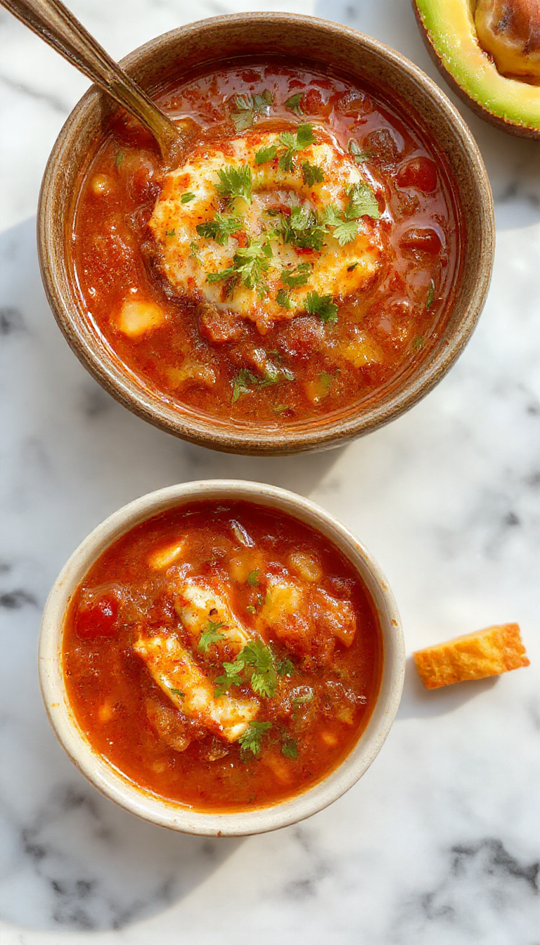 A vibrant bowl of Chile Relleno Soup featuring rich red hues from the chili peppers and tomato base, garnished with fresh cilantro and melted cheese, topped with a dollop of sour cream. The soup is served in a white bowl on a rustic wooden table, highlighting the hearty textures and colorful ingredients beautifully contrasted with a side of warm bread.