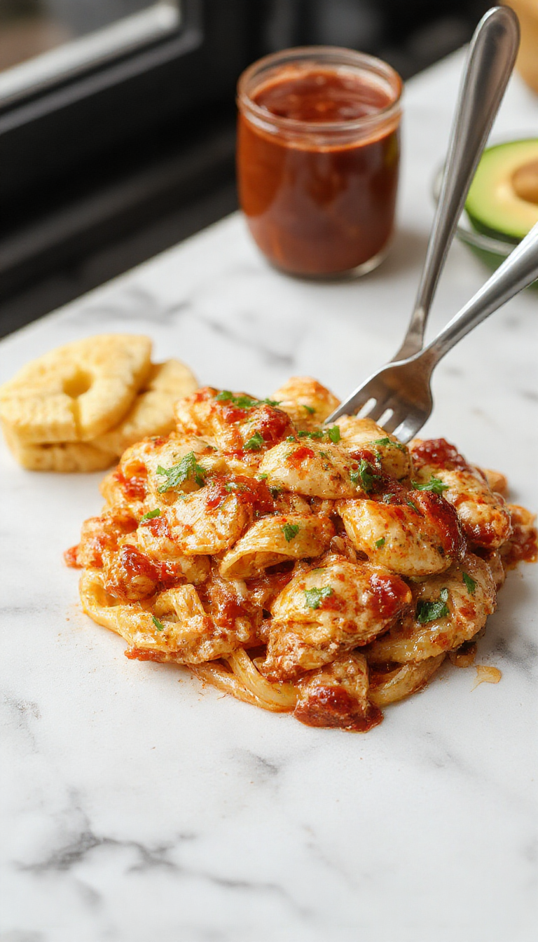 A vibrant plate of Creamy Cajun Chicken Pasta showcases tender sliced chicken coated in rich creamy sauce with bold Cajun spices. The dish features bright red and green bell peppers, garnished with fresh parsley, served on a white porcelain plate, with a sprinkle of paprika and a side of garlic bread. The textures appear creamy, spicy, and tender, creating an inviting, mouthwatering presentation.