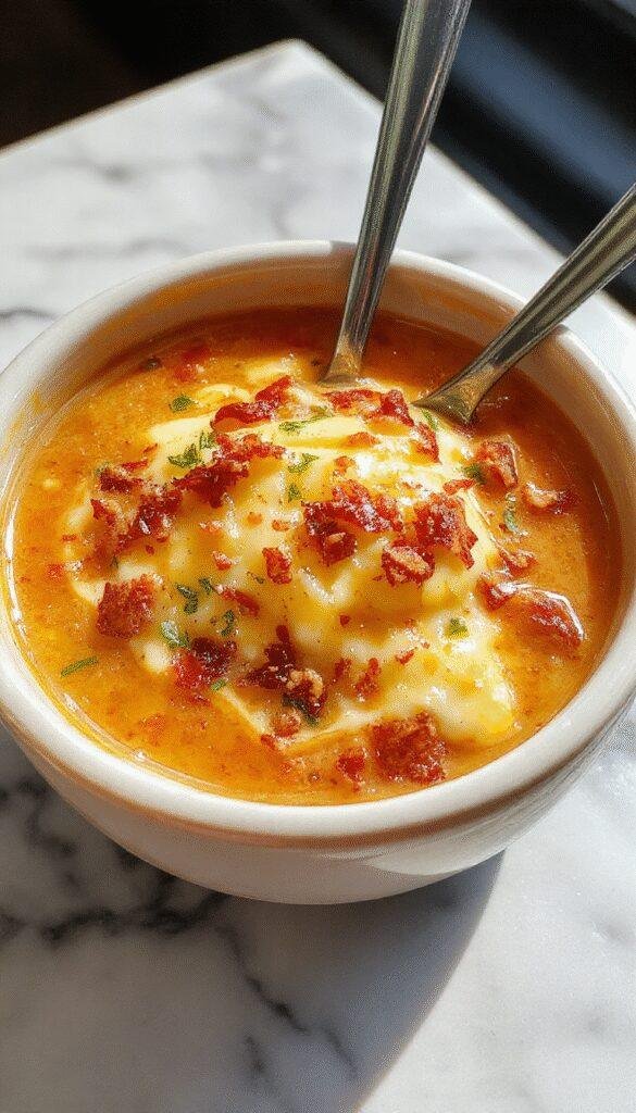 A vibrant bowl of jalapeno popper soup featuring a creamy orange base topped with melted cheese, crispy bacon bits, and fresh chopped jalapenos, garnished with cilantro, set against a rustic wooden background with slices of bread on the side.